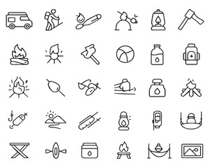 Set of outline icons related to camping. Linear icon collection