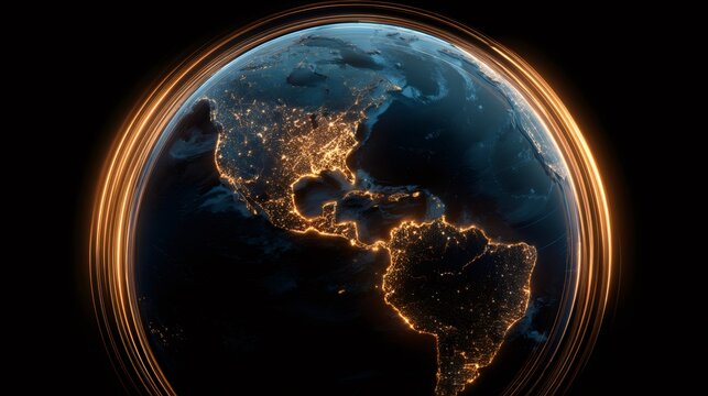 Earth at night with glowing city lights across Americas. Global connectivity concept. Digital planet visualization for technology, internet, or telecommunications industry