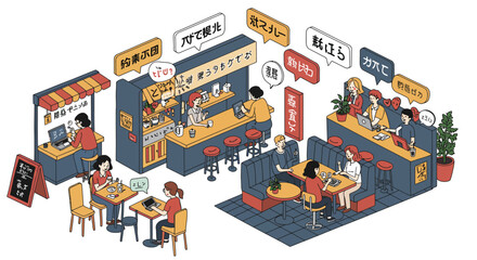 Isometric urban cafe scene with diverse characters and japanese signs