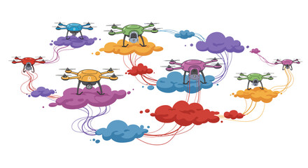 Colorful drones flying through vibrant clouds connected in a whimsical sky scene