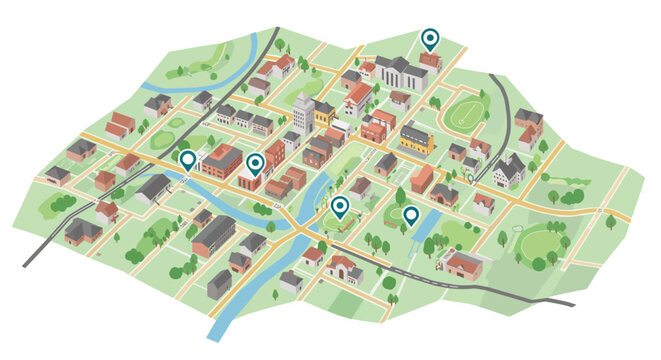 Isometric urban map with location pins showcasing city layout and architecture