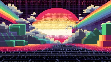 Retro pixel art landscape with sunset, rainbows, and digital grid. Nostalgic 8-bit video game aesthetic. Vaporwave and synthwave inspired digital illustration for wallpaper or game design.