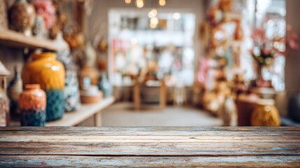 Empty weathered wood table with blurred bokeh background of a gift shop interior. Display concept for product placement.