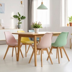 Modern dining room interior with a wooden table, chairs, and stylish decor