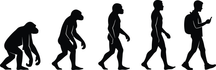 Obraz premium Human evolution silhouette, ape to modern man, smartphone era, backpack figure, walking progression, anthropology, timeline, posture change, black and white