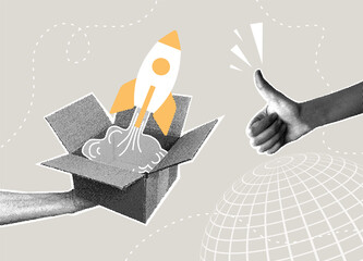Trendy halftone collage. Startup rocket takes off from box with thumbs up. Concept of new business ideas, innovation, launching new business.