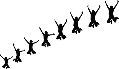 Jumping silhouettes, energetic people in motion, diagonal arrangement, dynamic pose, raised arms, bent legs, active movement, black figures, excitement, action