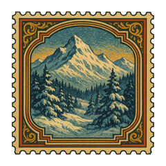 Obraz premium PNG Vintage snowy mountain stamp