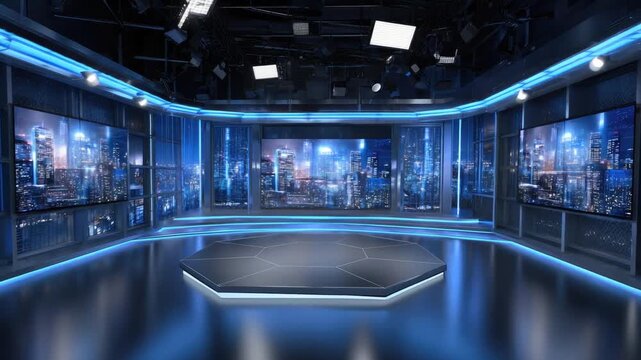 Futuristic Blue Neon Studio with Cityscape Screens and Hexagonal Platform for Broadcasts