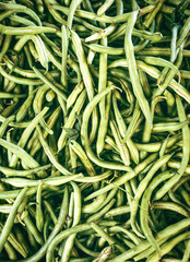 A close-up view reveals a dense pile of vibrant green beans. The beans are intricately layered, creating a textured and rich scene full of natural color. 
