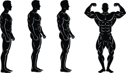 Muscular male silhouette, bodybuilding pose, side profile view, muscle definition, fitness illustration, strong physique, black and white art, posture study