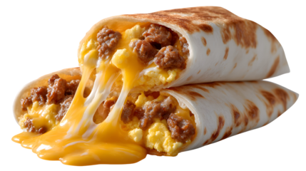 A sausage and egg breakfast burrito, cut and pulled apart for an irresistible, gooey cheese pull. A decadent, isolated shot for a fast-food breakfast.