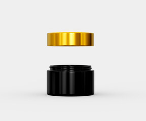 A sleek black cosmetic jar with a floating gold lid against a white background. 3d illustration