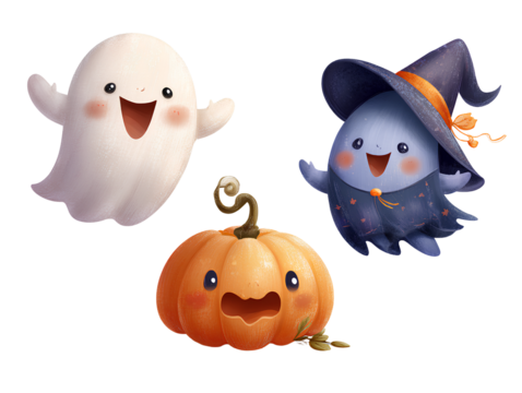 Halloween Characters Ghost Pumpkin and Blue Witch graphic isolated on a transparent background - Powered by Adobe