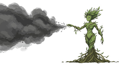 Nature spirit ward off smoke in mythical hand drawn art scene