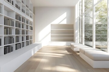Obraz premium Minimalist library setup with white floor-to-ceiling shelves, pale oak flooring, low bench seating, and soft natural light 
