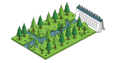 Isometric forest landscape with river and calendar symbolizing time and nature connection