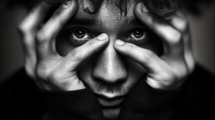 Fototapeta premium A frustrated young caucasian man hides his face behind hands, one eye visible through fingers, expressing sadness and anxiety. Black and white photo, noir.