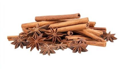 Aromatic cinnamon sticks and star anise piled together, showcasing their warm, earthy tones against a stark white background.
