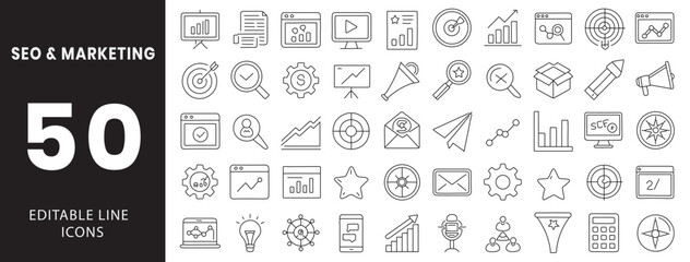 SEO and marketing icon set. Containing search magnifier, target keyword, analytics graph, link building, mobile optimization, ranking arrow, social media, content strategy, email campaign, traffic fun
