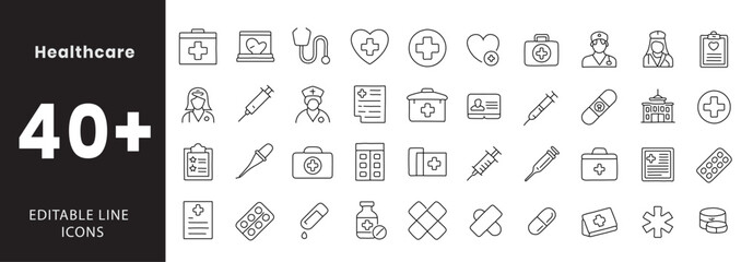 Medical icon set. Containing stethoscope, heart, syringe, medicine bottle, first aid kit, bandage, thermometer, hospital, nurse, doctor, pills, wheelchair, DNA, ECG monitor, ambulance, IV drip, micros