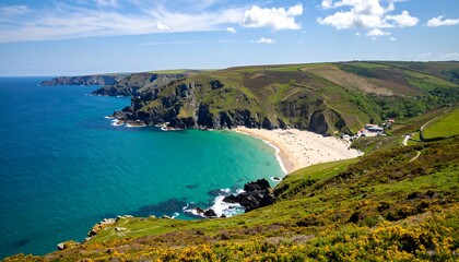 Stunning coastal view of a secluded beach with clear blue water and rolling green hills.