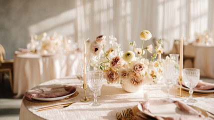 Elegant wedding table setting with pastel floral centerpiece, crystal glassware, gold cutlery, and soft natural light creates romantic atmosphere for wedding planner business event