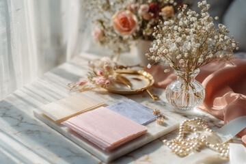 Soft pastel fabric swatches, delicate flowers, pearl necklace, and gold accessories on marble table create elegant, romantic wedding planner business workspace