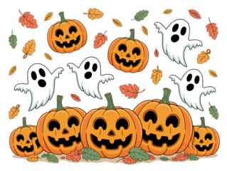 Halloween scene with pumpkins ghosts and autumn leaves isolated on a transparent background