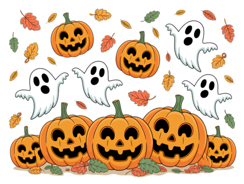 Halloween scene with pumpkins ghosts and autumn leaves isolated on a transparent background - Powered by Adobe