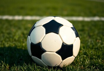 Obraz premium Close-up of a soccer ball on a green field, ready for kickoff, grass, intensity