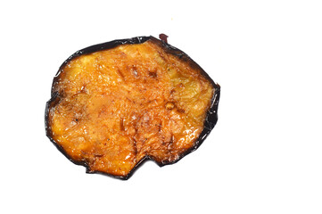 A slice of Fried eggplant, or fried aubergine, is featured in dishes of many different cuisines, slices of fried eggplant vegetable, selective focus