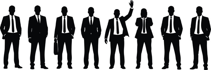 Silhouettes of business professionals, corporate team, formal attire, leadership concept, teamwork, office culture, success, unity, strategy, executive presence