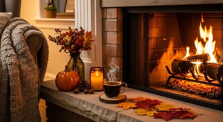 Autumn Cozy Fireplace Scene.
