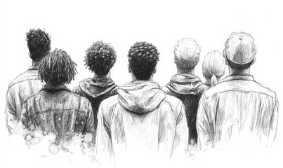 Monochrome illustration of a diverse group of individuals from behind, rendered in sketch style with black and white shading. This visual captures the essence of unity and diversity, Generative AI