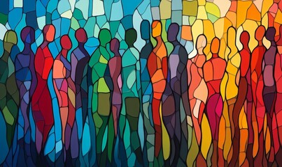 Abstract illustration of a diverse group of people each represented by unique colors in a modern simplistic art style This image symbolizes inclusivity diversity and the importance, Generative AI