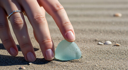 Gentle hands picking up smooth sea glass on sandy beach shoreline calm nature moment minimalist lifestyle blog header