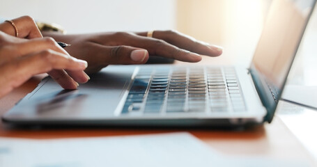 Hands, person and scroll on laptop in office for creative writing, editing article and...