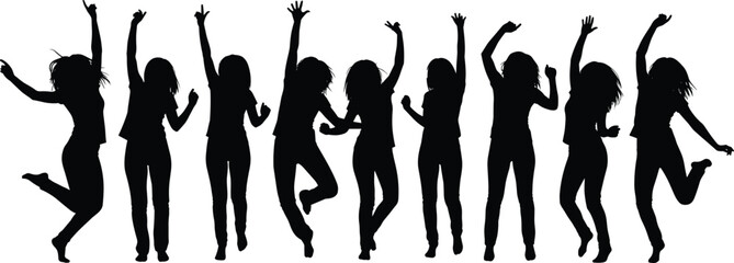 Silhouettes of nine dancing people in motion, dynamic pose collection, expressive movement, black and white art, vibrant energy captured