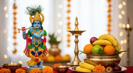 Fototapeta premium Hindu God Krishna Statue with Flute Fruits and Festive Decorations for Janmashtami Celebration and Devotion