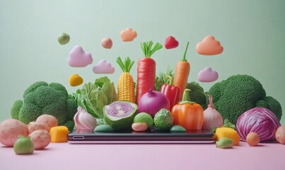 Concept of mobile phone grocery shopping with colorful vegetables ordered online This image highlights the ease of purchasing healthy food via e-commerce emphasizing convenience, Generative AI