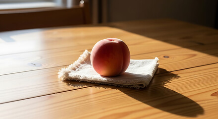 Simple red apple resting on cloth napkin on wooden table bathed in soft sunlight minimalist lifestyle blog header