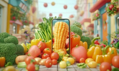 Concept of mobile phone grocery shopping with colorful vegetables ordered online This image highlights the ease of purchasing healthy food via e-commerce emphasizing convenience, Generative AI