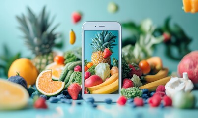 Concept of mobile phone grocery shopping with colorful vegetables ordered online This image highlights the ease of purchasing healthy food via e-commerce emphasizing convenience, Generative AI