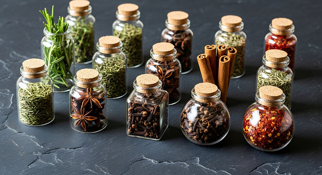 Collection of small glass bottles filled with various dried herbs spices and seeds beautifully arranged minimalist lifestyle blog header