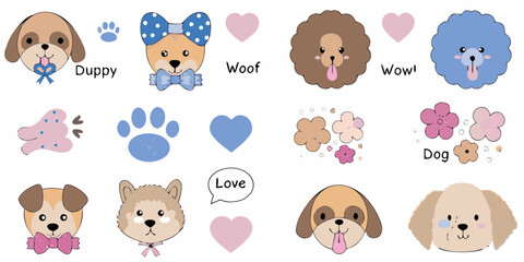 Cute Cartoon Dogs with Hearts Paws Flowers and Speech Bubbles Illustration