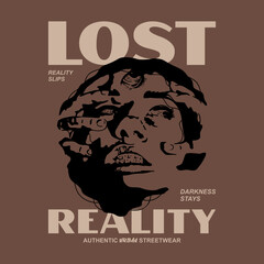 Streetwear design with bold text “Lost Reality” and a dark fragmented face, creating a horror-inspired aesthetic. Ideal for tees, hoodies, and posters.