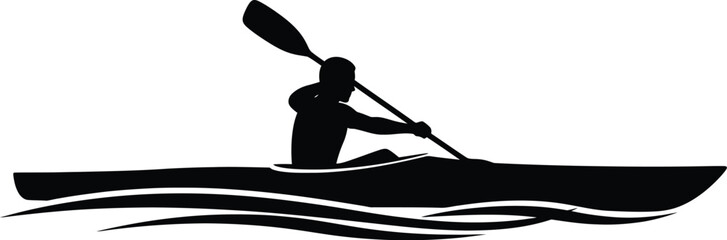 Vector art of the silhouette of a person kayaking on the water