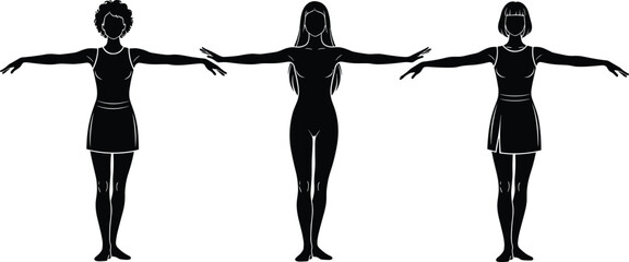 Silhouettes of women, arms extended, black and white illustration, standing pose, fashion style, curly hair, skirts, confident posture