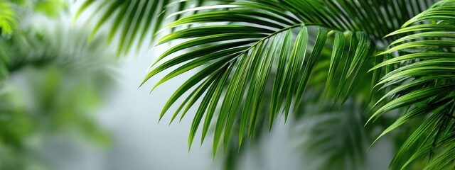 Lush green palm fronds against a soft, blurred background